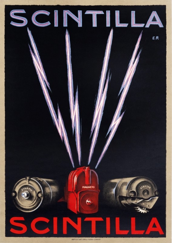 Motor blocks, magneto and lightning bolts; black, red, blue
