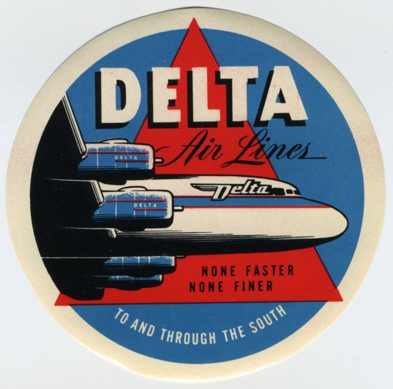 Front of airplane on top of a triangle and a circle; blue, red, white, black