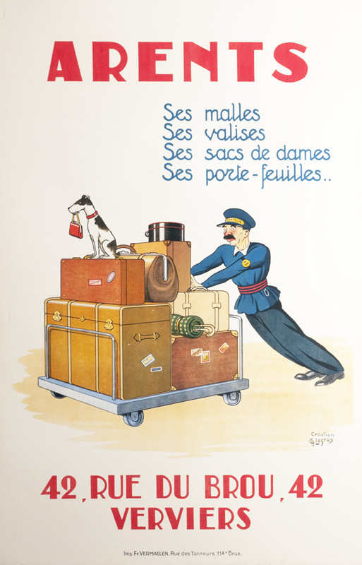 Porter pushes cart with dog and suitcases; blue, yellow, red