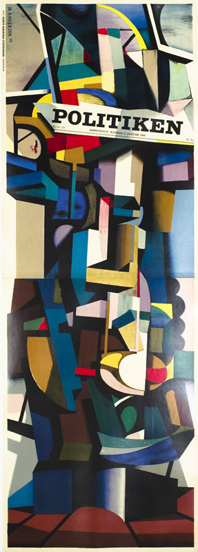 Colorful Cubist design with newspaper masthead; blue, brown, green