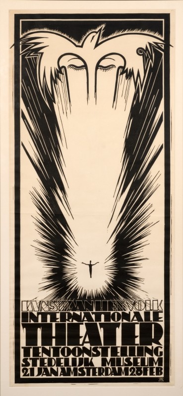 Symbolist desgn with man reaching out with explosive rays; BLACK, WHITE