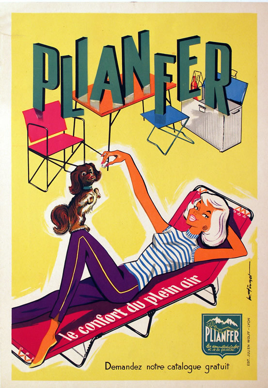 Woman on chaise lounge with dog; yellow, green, red, purple