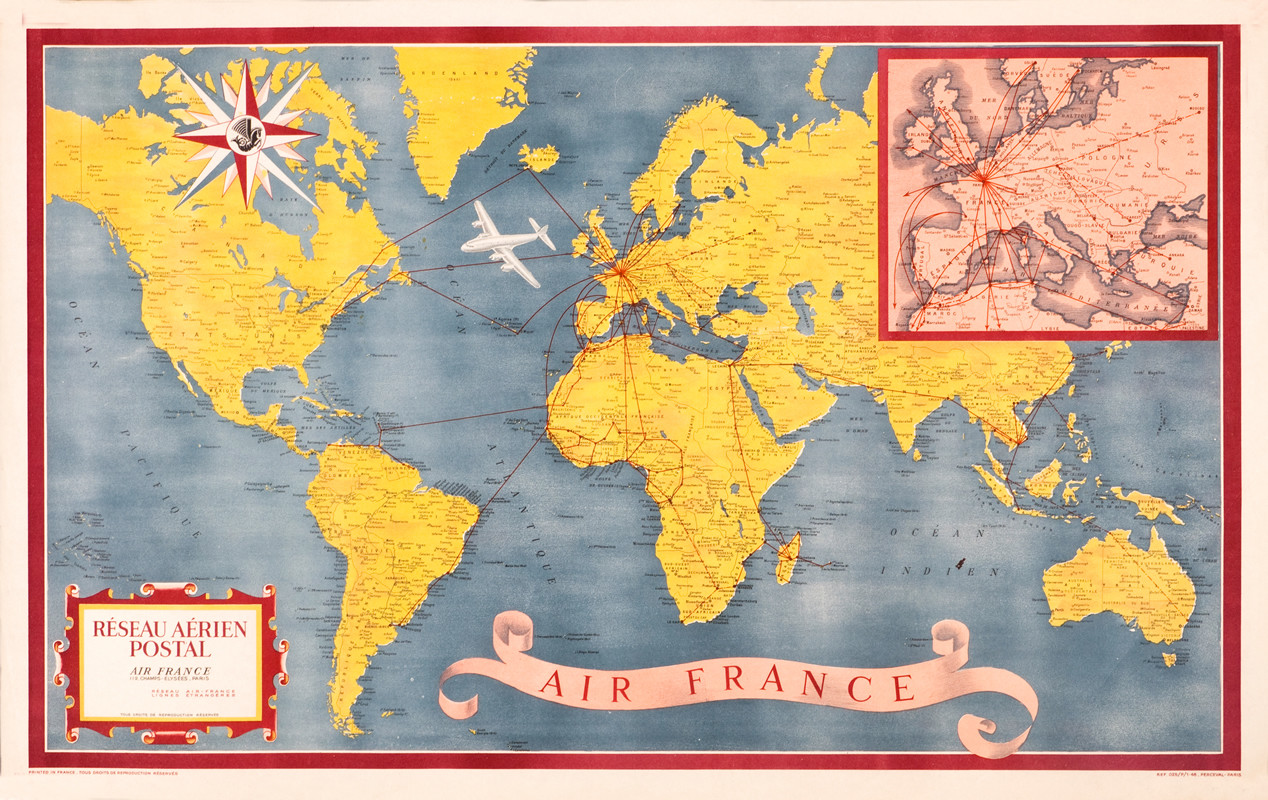 Map of Air France Postal Lines; blue, yellow, pink
