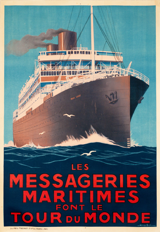 Steamship plows ahead: blue, red