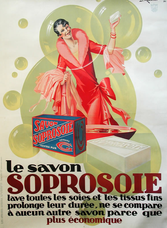 Woman in  red and pink gown  in bubbles next to soap; red, blue, yellow, pink, green, black, white