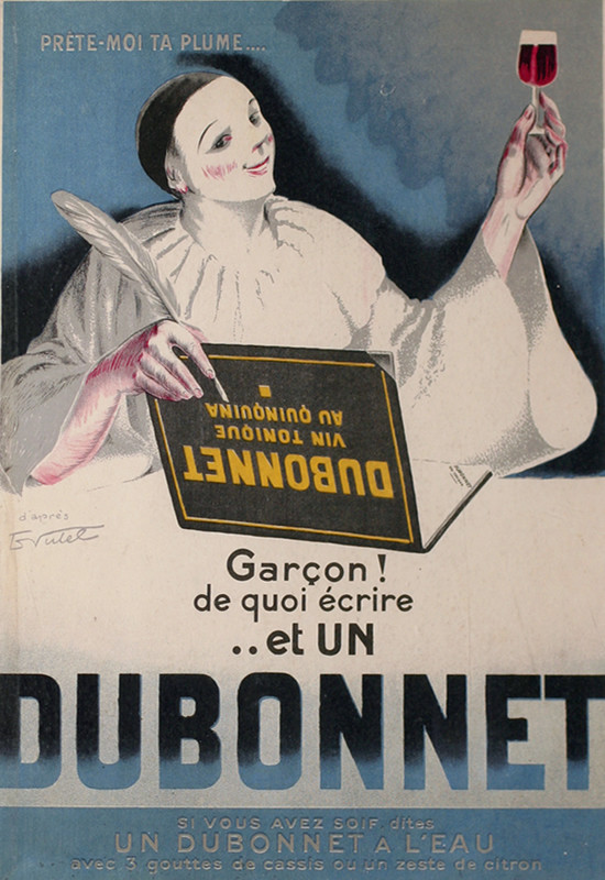 Clown writes with feather and raises glass; blue
