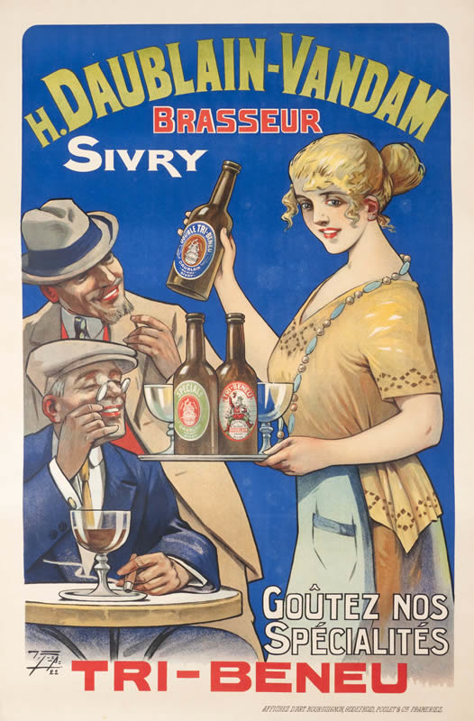 Barmaid serves up Tri-Beneu beer to patrons at table; blue, green, red
