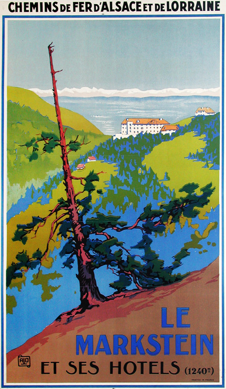 Lone tree above hotel on waterfront; blue, green, brown