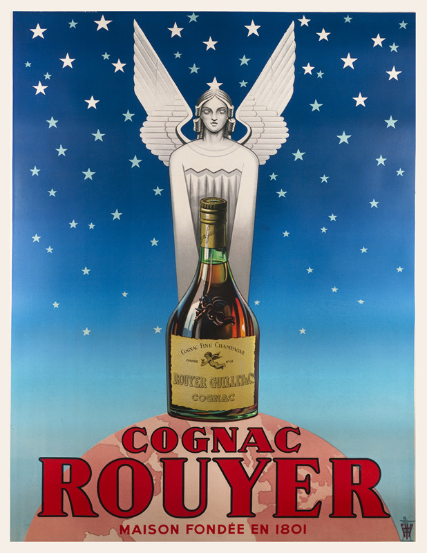 Angel & stars above cognac bottle & globe; blue, red, gold