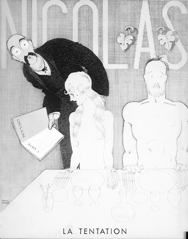 Naked couple offered wine list; black, white