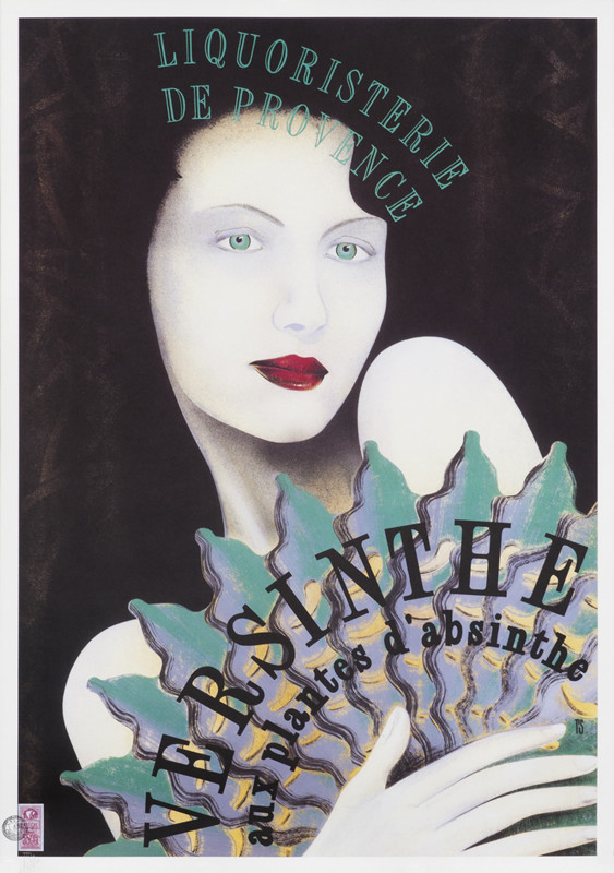 Woman with white shoulders covers her body with fan; green, white, black