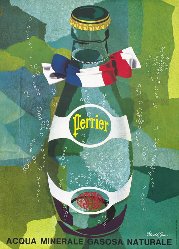 Bottle of Perrier with french flag tied to it; green, blue, yellow