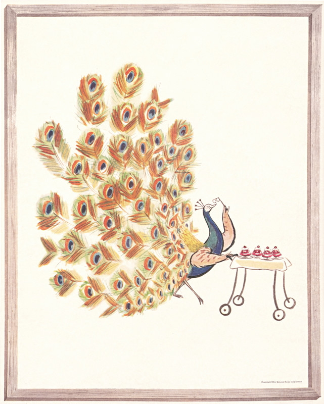 Peacock with glasses inspects tray of jello; yellow, red, green