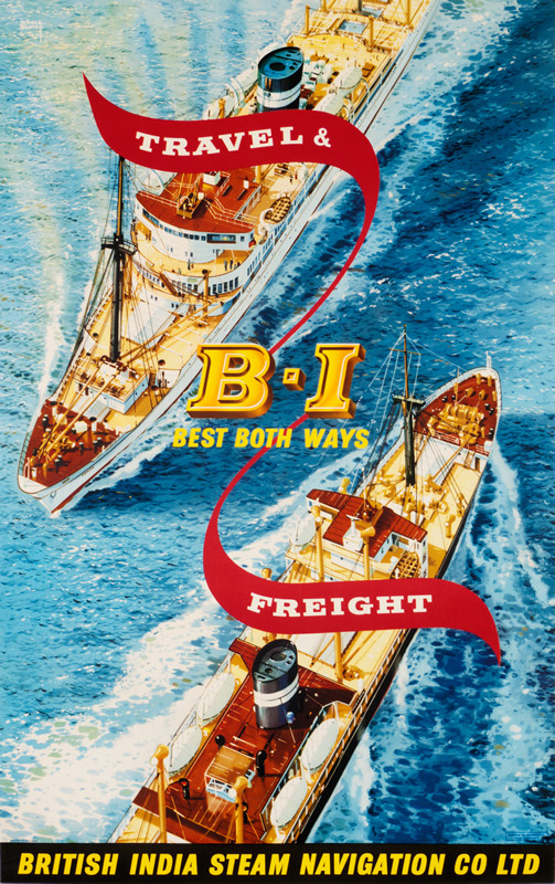 Ocean liner and freighter pass each other; yellow, red, blue