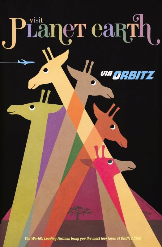 Giraffes' necks crossing over a safari landscape with airplane flying in background; orange, brown, green, purple, black