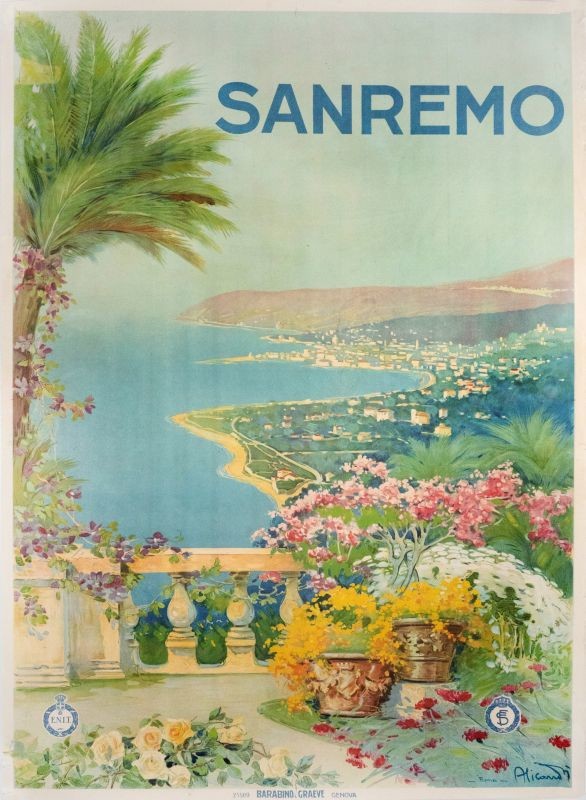 View from balcony to beach, flowers; blue, green, pink