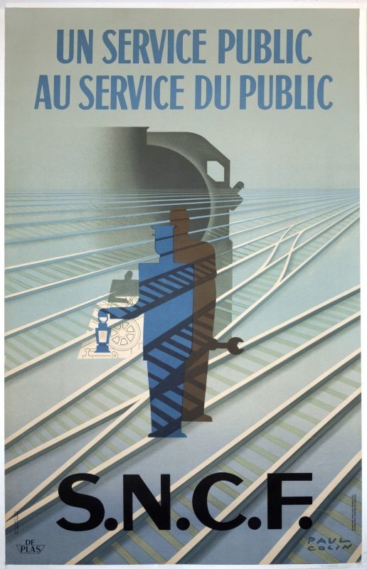 Outline views of mechanic and train worker, locomotive faintly behind, train tracks below; blue, brown, white