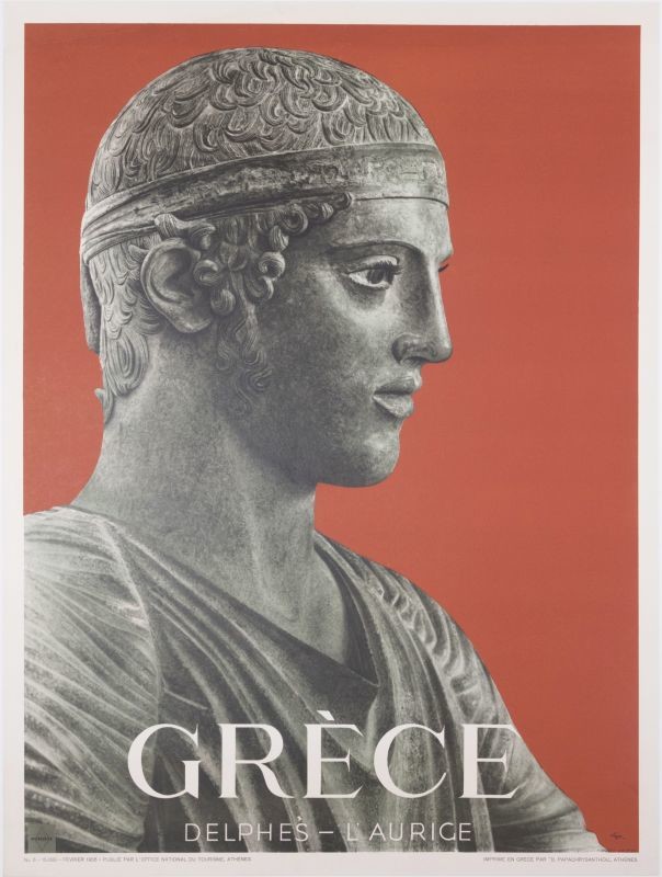 Head of the Charioteer bronze sculpture from Delphi; orange, grey