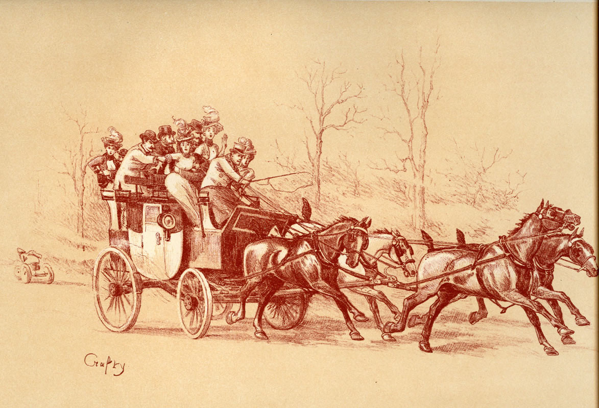 passengers brace themselves as horses gallop with coach; sepia, white