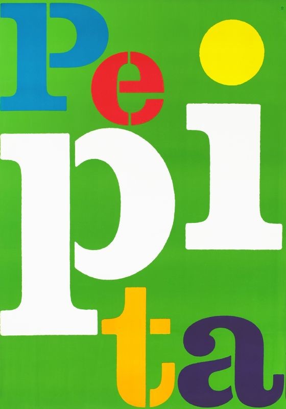 Typography spelling pepita; green, white, blue, red, orange, purple