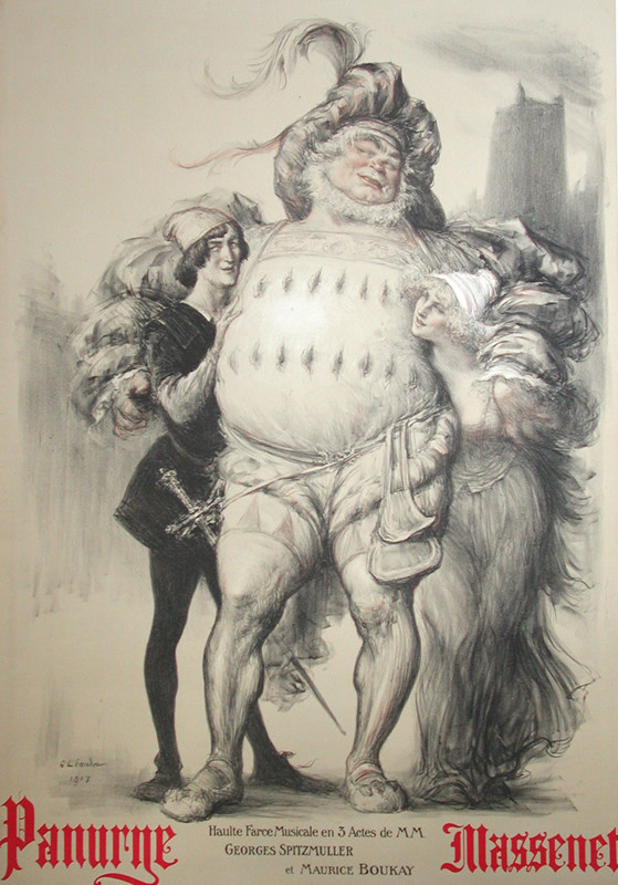 Hefty man supported by man and woman in medievall dress; black, white
