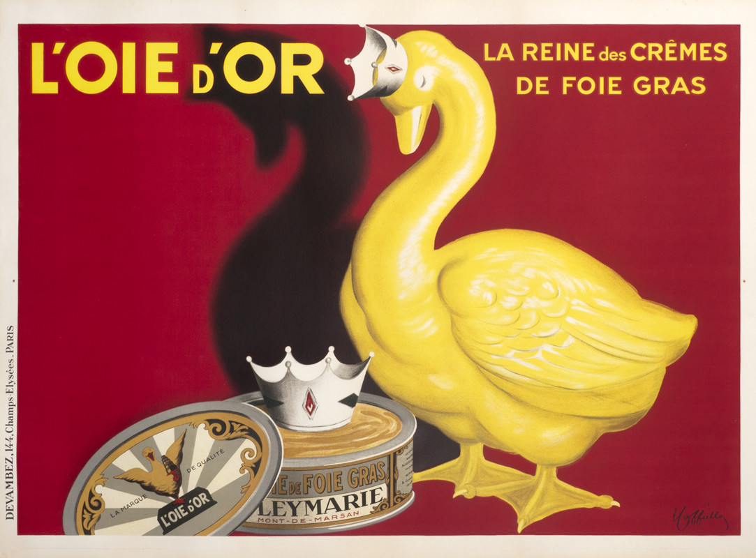 Golden Goose wears a crown beside goose liver (foie gras) pate tin; red, yellow