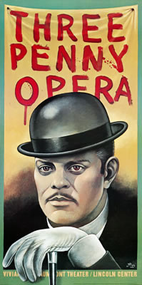 Serious man with bowler hat rests on cane, writing behind on cloth in dripping blood; red, green, black, gray