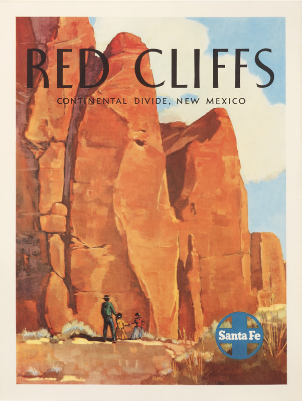 Figures in front of large red cliffs; orange, red, blue