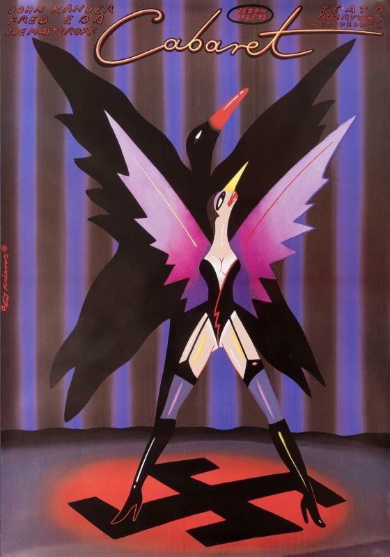 scantily clad bird woman stands above swastika; black, pink, purple, red, yellow