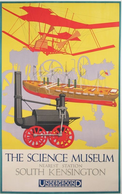 Steam engine locomotive, flying machine and other inventions in museum; red, yellow, grey