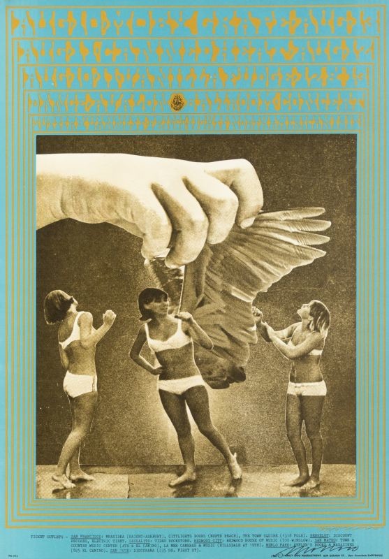 No. 75, Photomontage of bikini-clad women, giant hand swoops down to give one woman wings; green, blue
