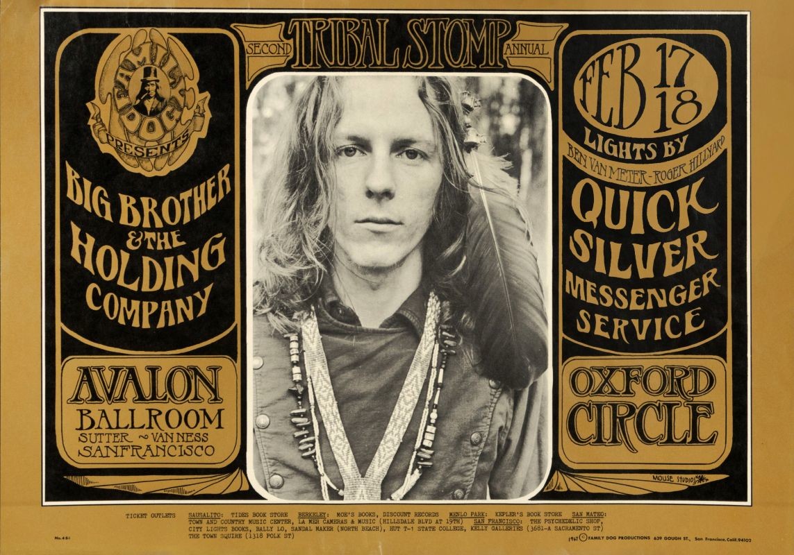 Photograph of hippie man at center, text surround; brown, black, white
