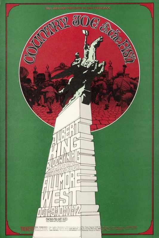 No. 195, drawn statue with round photograph of a riot behind, Albert King, Blodwyn Pig; red, white, green