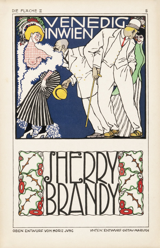 Women in wild costume admired by men; blue, red