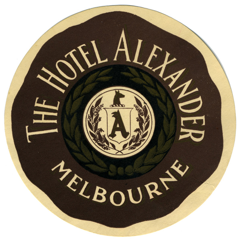 Crest of hotel surrounded by text; purple, white, black