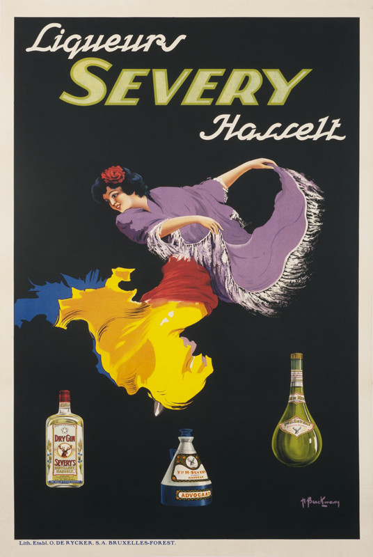 Flamenco dancer dances above 3 bottles; black, red, yellow