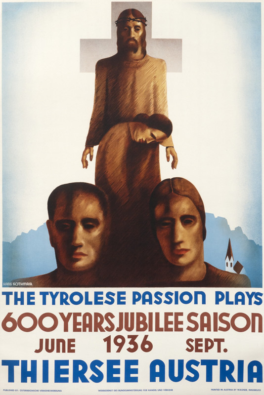 Jesus with crown of thorns before cross, three mourners, Austrian landscape behind; blue, brown, white