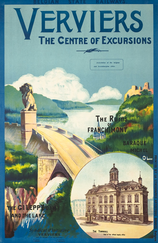 Landscape featuring Verviers, bridge, townhall, dam, hillside, mountains; blue, green, brown