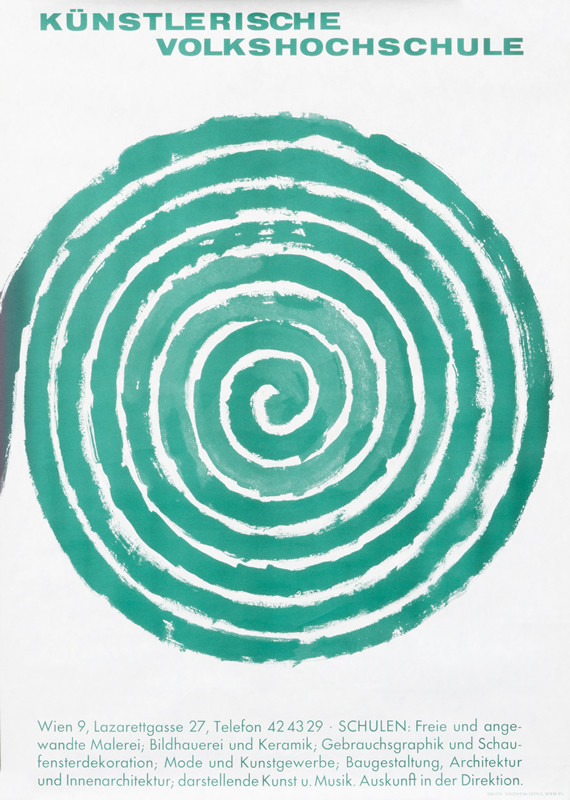 Large painterly spiral in between text advertising an art school; green, white, purple