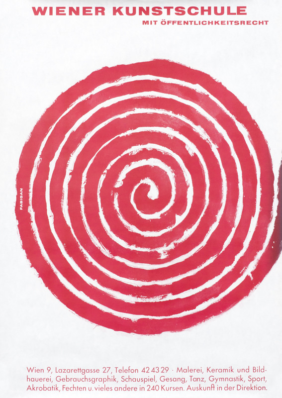Large painterly spiral in between text; red, white, purple