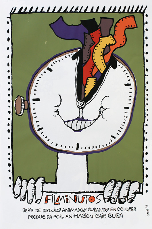 Anthropomorphic clock with colored film coming out of face; green, orange