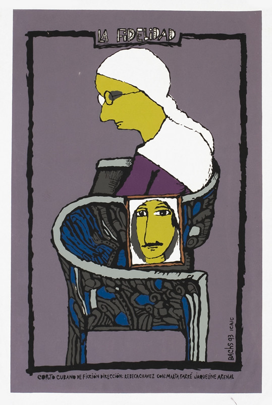 Old woman in kerchief and glasses sits in chair, portrait of man; gray, green, blue