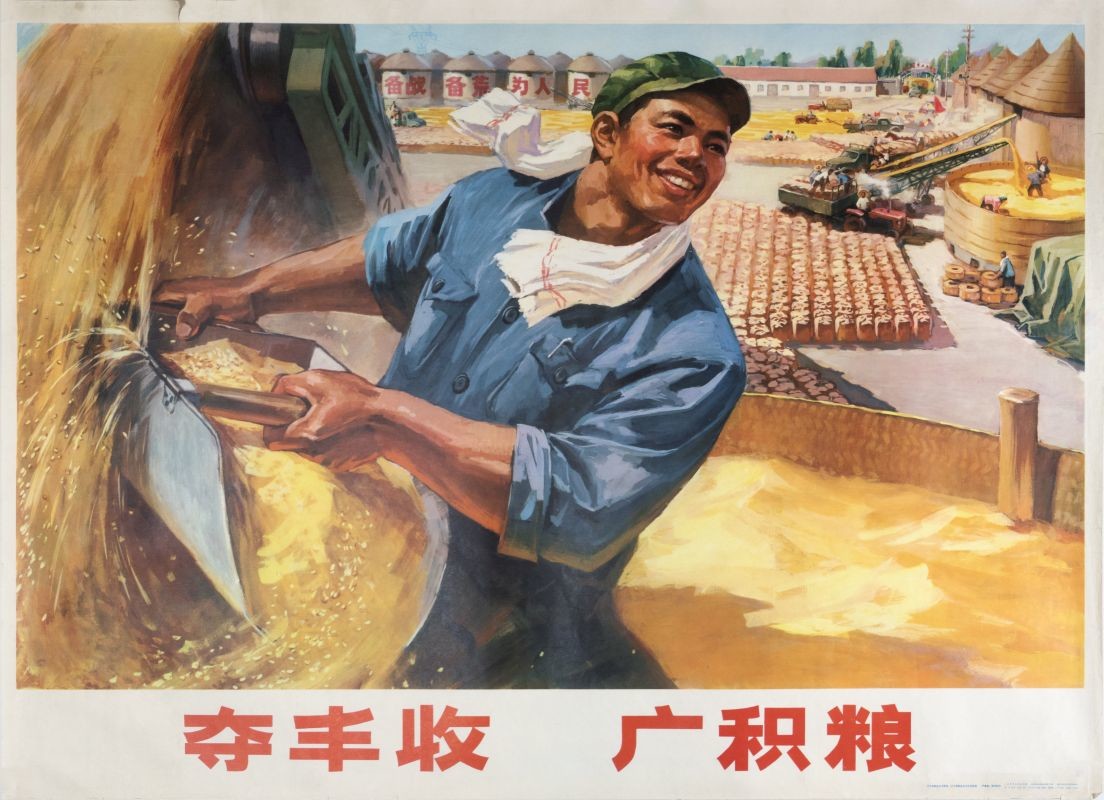 Smiling man collects wheat; yellow, blue, red, white