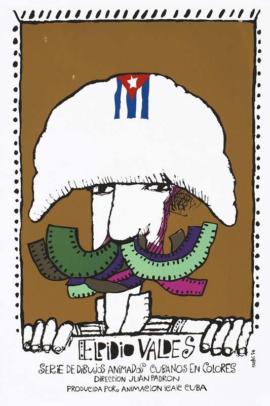 Man with film strips forming mustache, Cuban flag on military hat; brown, green, pink, blue