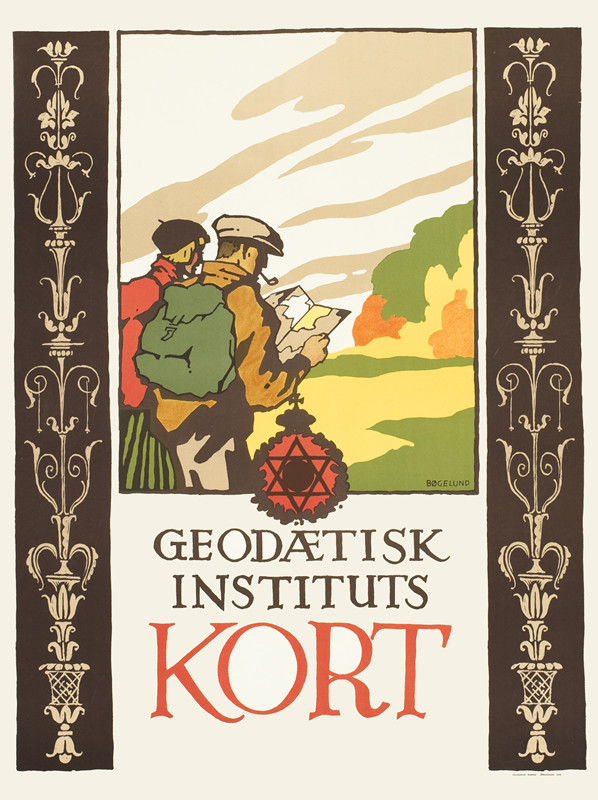 Man and woman in hiking gear, read map in tree filled landscape, decorative scrolls; brown, red, green, orange