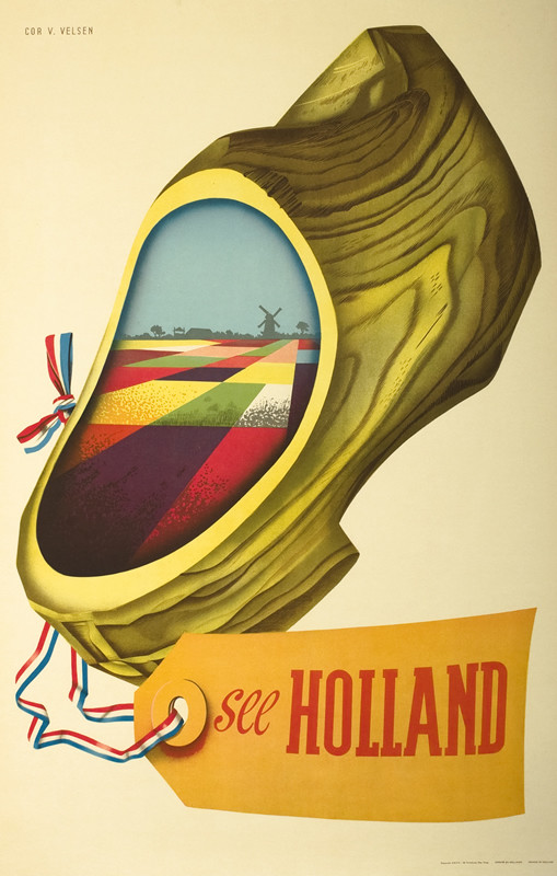 Wooden clog with tag, windmill, farmland visible inside; brown, orange, red, blue