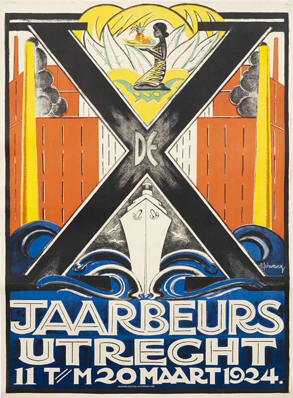 Ocean liner, native, skyscrapers, letter X; blue, black, orange, yellow