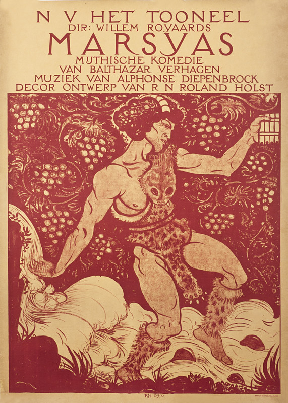 HORNED MAN WITH FLUTE WALKING IN STREAM; red, beige