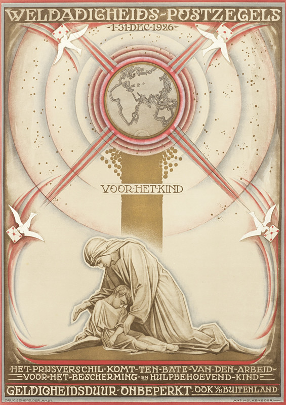 Mother & child, dove and postage stamps; red, gold