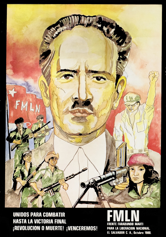 Men and women armed with guns, protesting, portrait of El Salvadorian  male leader; yellow, red, black
